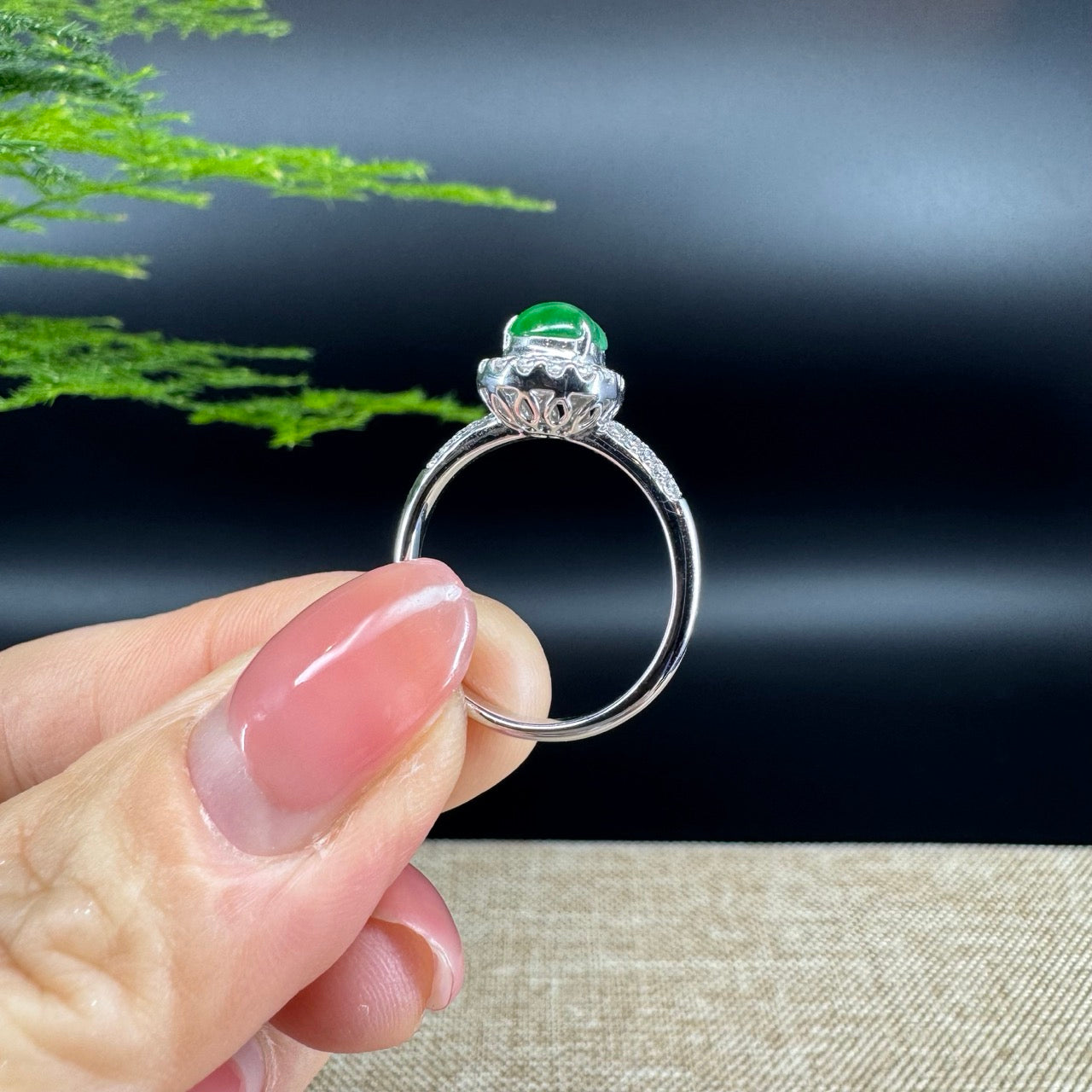 RealJade® "Amelie" 18k White Gold Natural Green Jadeite Hulu Ring With Diamonds