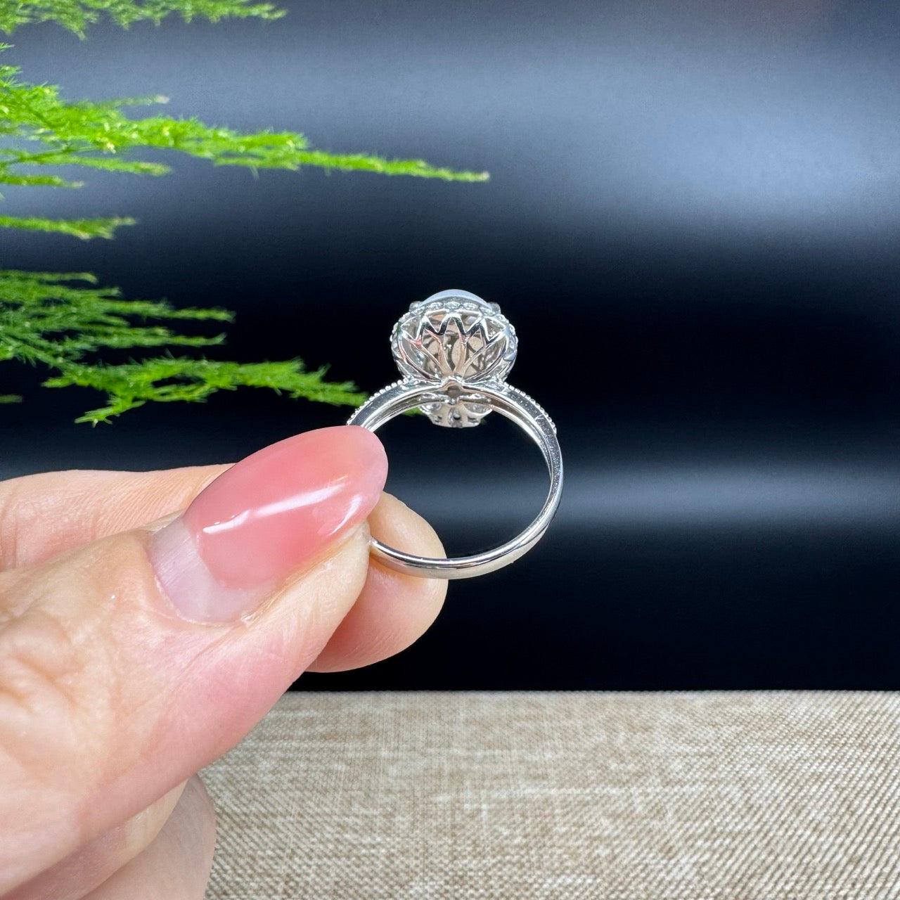 RealJade® "Amelie" 18k White Gold Natural Ice Jadeite Hulu Ring With Diamonds