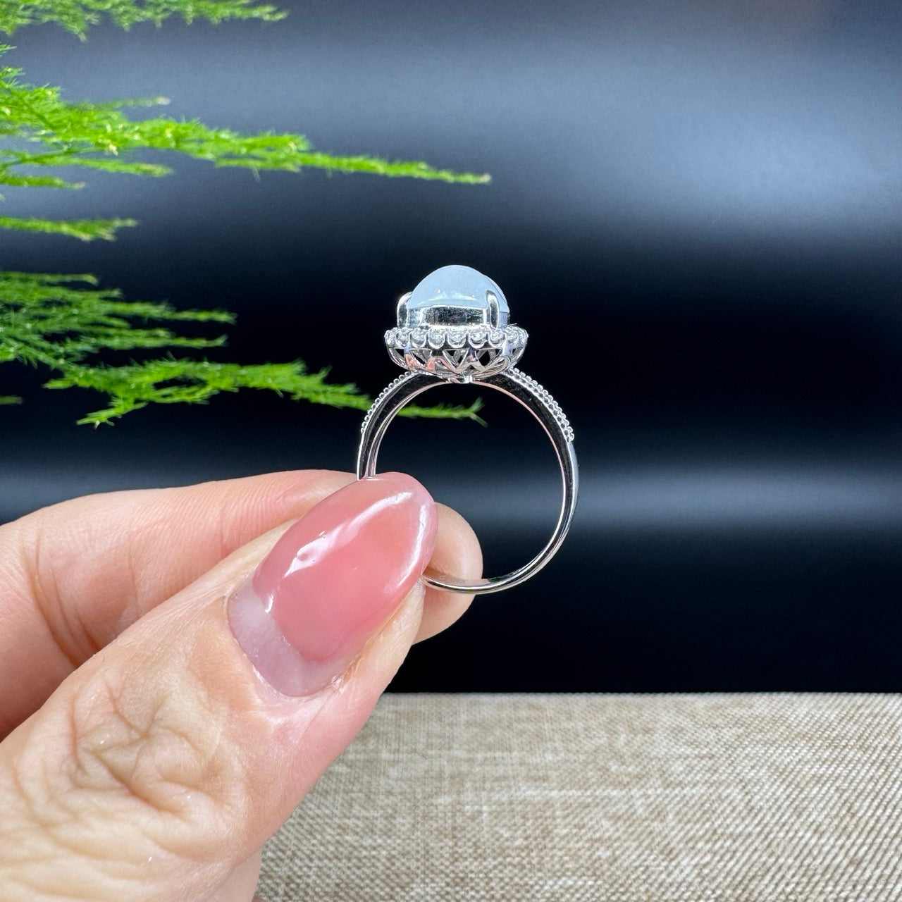 RealJade® "Amelie" 18k White Gold Natural Ice Jadeite Hulu Ring With Diamonds