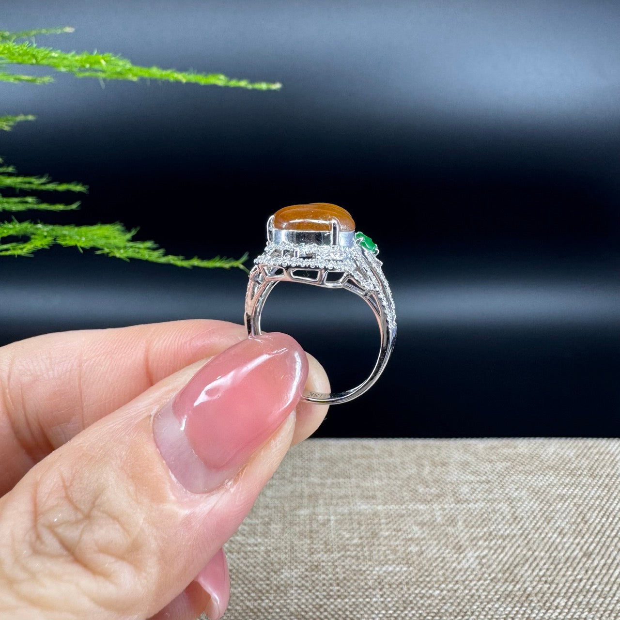 RealJade® "Amelie" 18k White Gold Natural Yellow Jadeite Hulu Ring With Diamonds