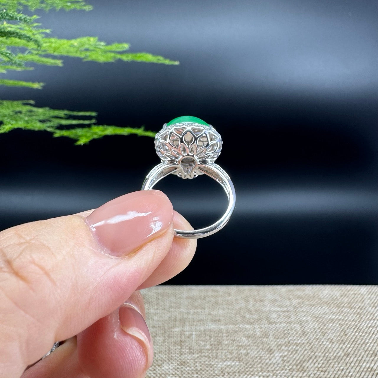 RealJade® "Amelie" 18k White Gold Natural Green Jadeite Hulu Ring With Diamonds