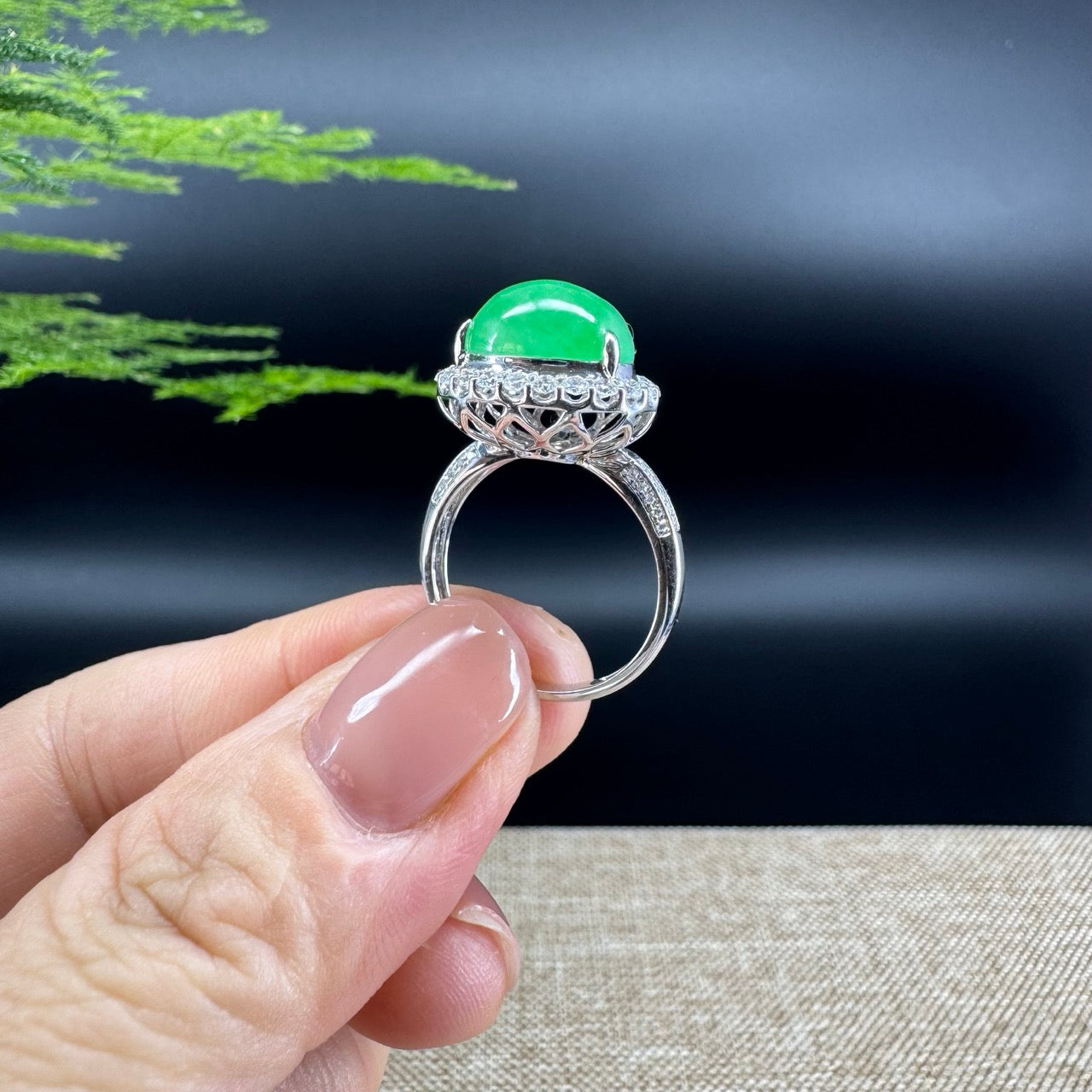 RealJade® "Amelie" 18k White Gold Natural Green Jadeite Hulu Ring With Diamonds