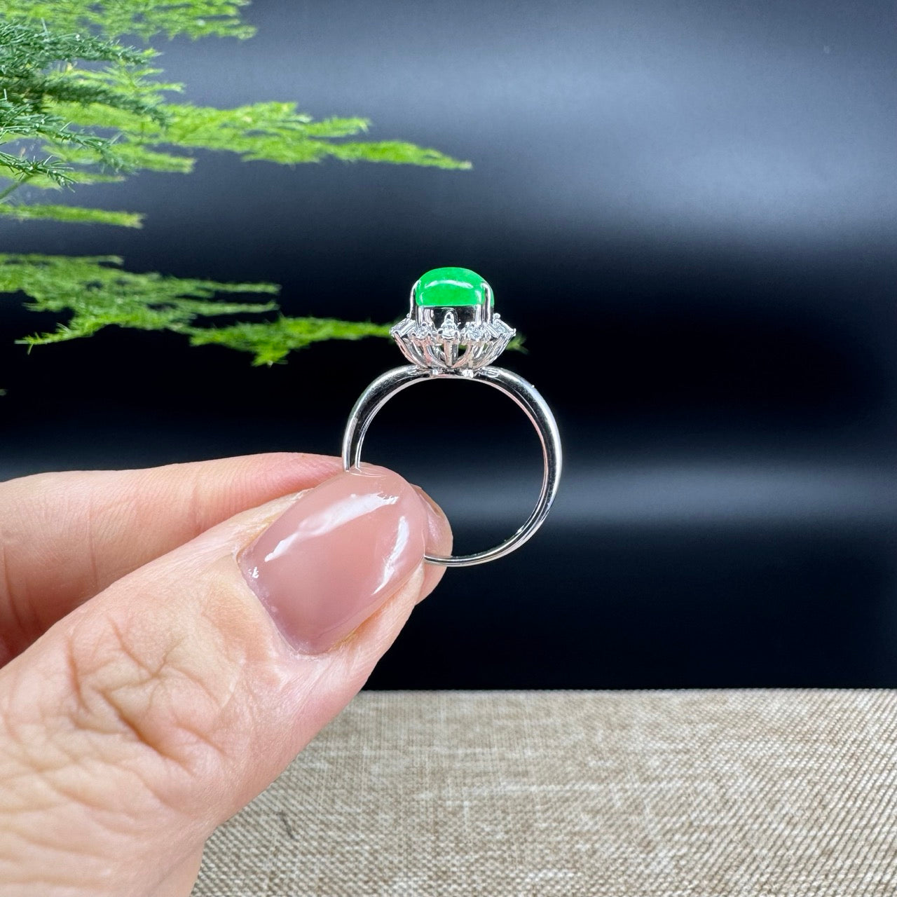 RealJade® "Amelie" 18k White Gold Natural Icy Green Jadeite Hulu Ring With Diamonds