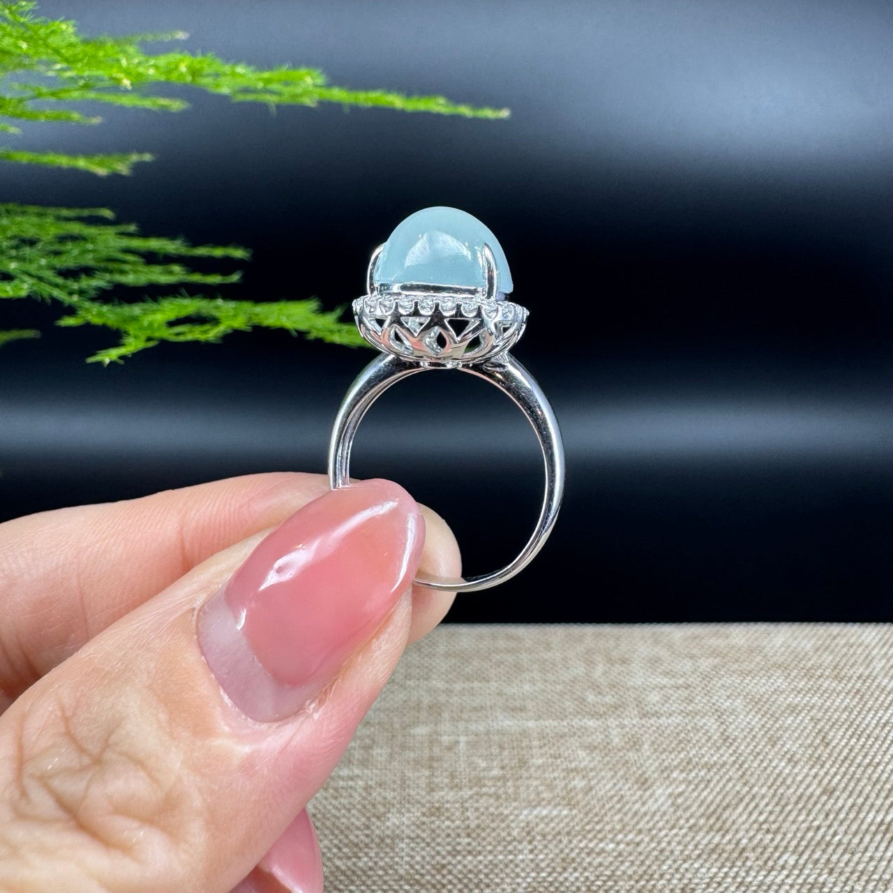 RealJade® "Amelie" 18k White Gold Natural Ice Jadeite Hulu Ring With Diamonds