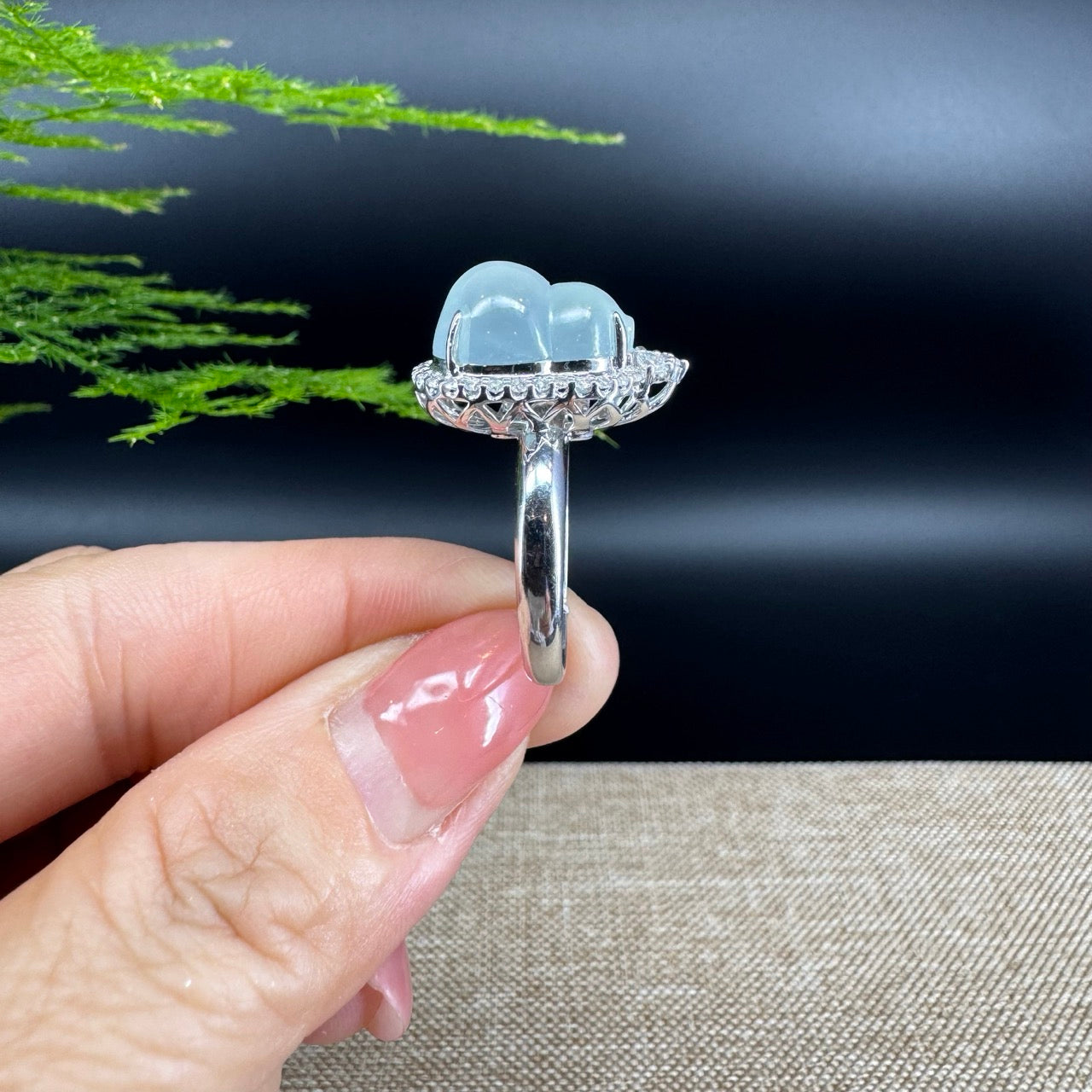 RealJade® "Amelie" 18k White Gold Natural Ice Jadeite Hulu Ring With Diamonds