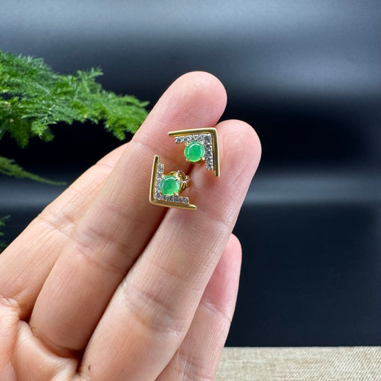 RealJade® 18k Yellow Gold Green Jadeite Jade Earrings with Diamonds