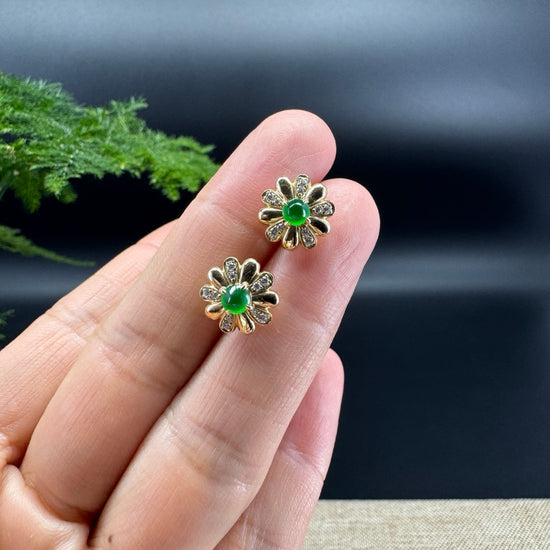 RealJade® 18k Yellow Gold Classic Imperial Green Jade Flower Earrings with Diamonds
