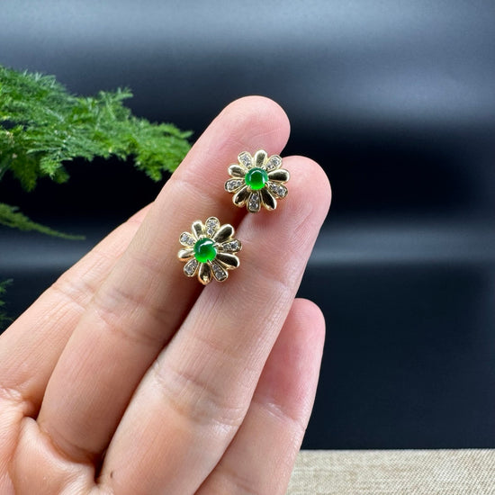 RealJade® 18k Yellow Gold Classic Imperial Green Jade Flower Earrings with Diamonds