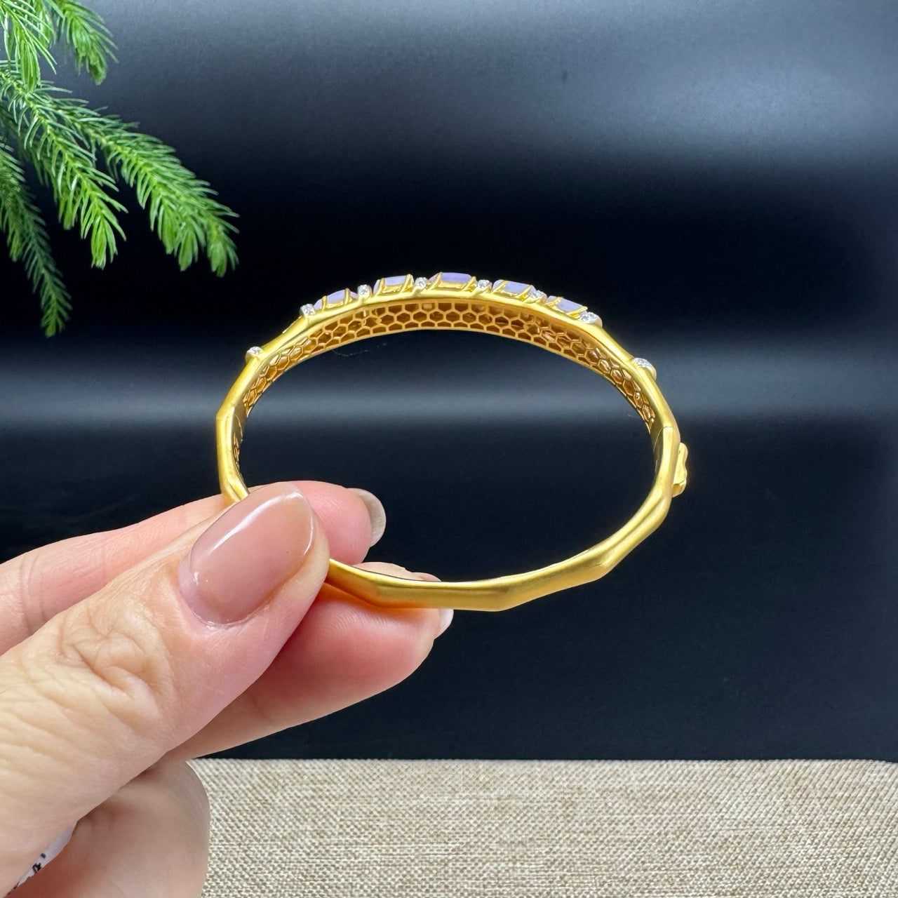 RealJade Luxury 18K Yellow Gold Genuine Lavender Jadeite Jade Bamboo Bangle