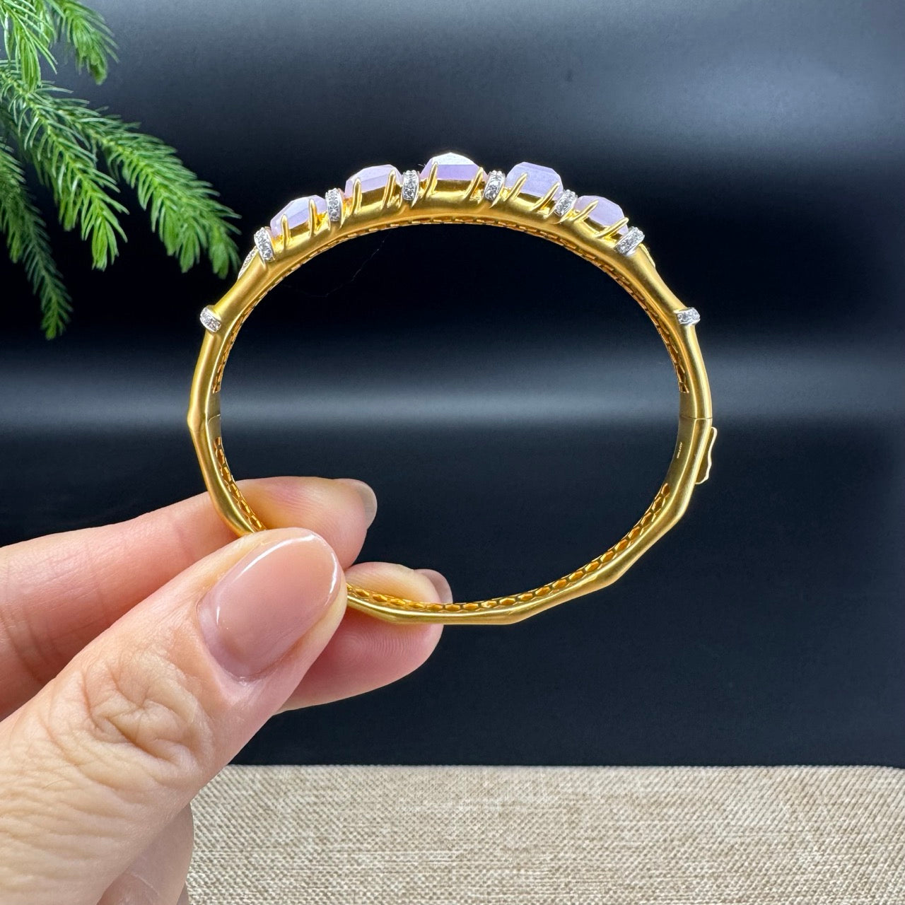 RealJade Luxury 18K Yellow Gold Genuine Lavender Jadeite Jade Bamboo Bangle