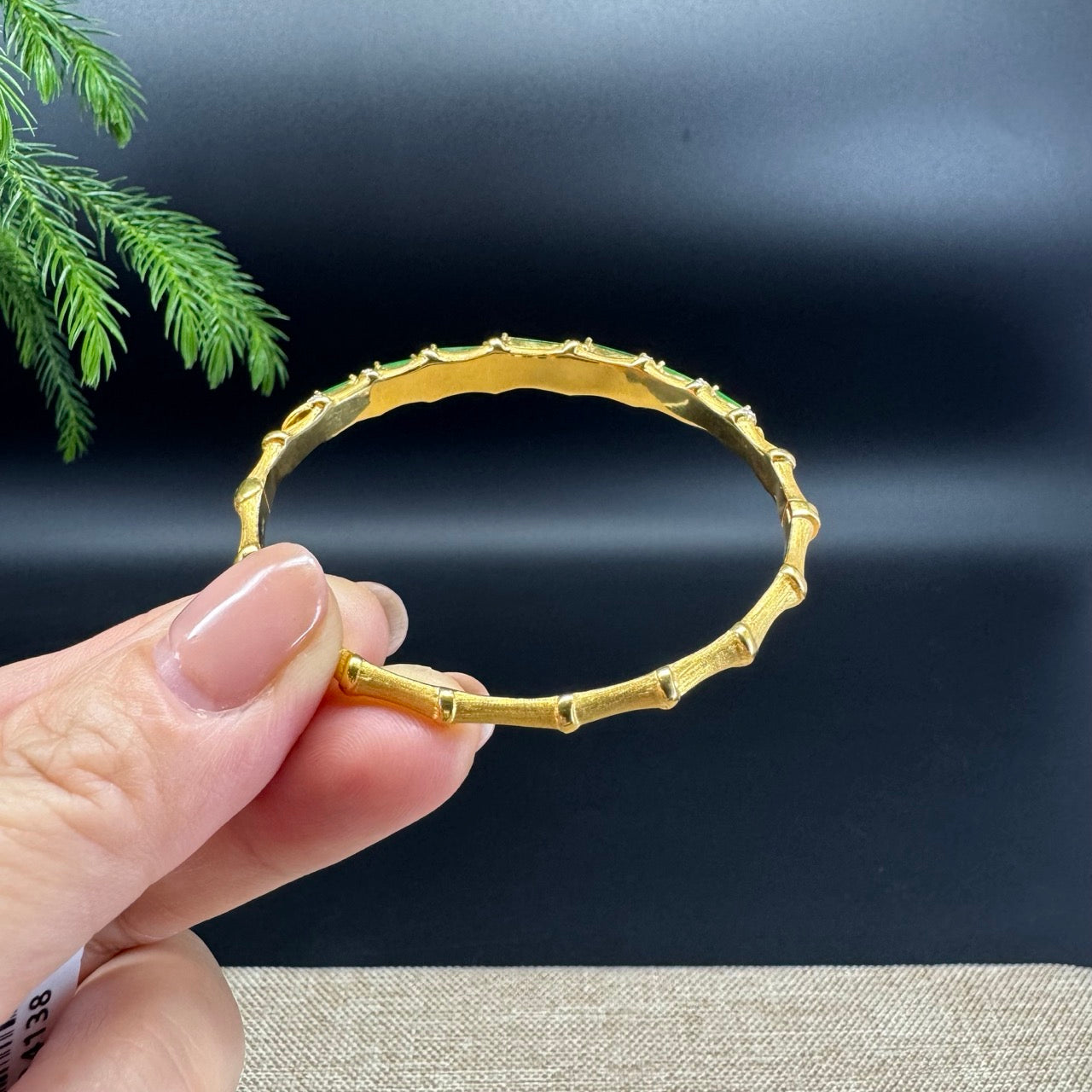 RealJade Luxury 18K Yellow Gold Genuine Green Jadeite Jade Bamboo Bangle