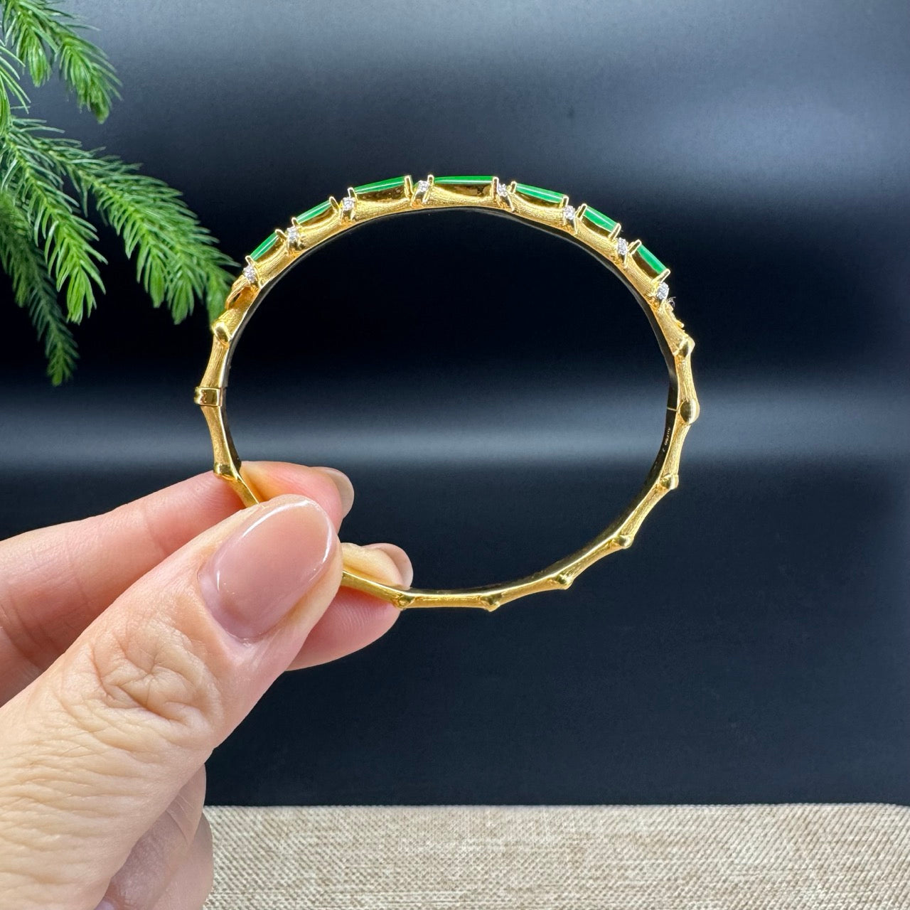 RealJade Luxury 18K Yellow Gold Genuine Green Jadeite Jade Bamboo Bangle