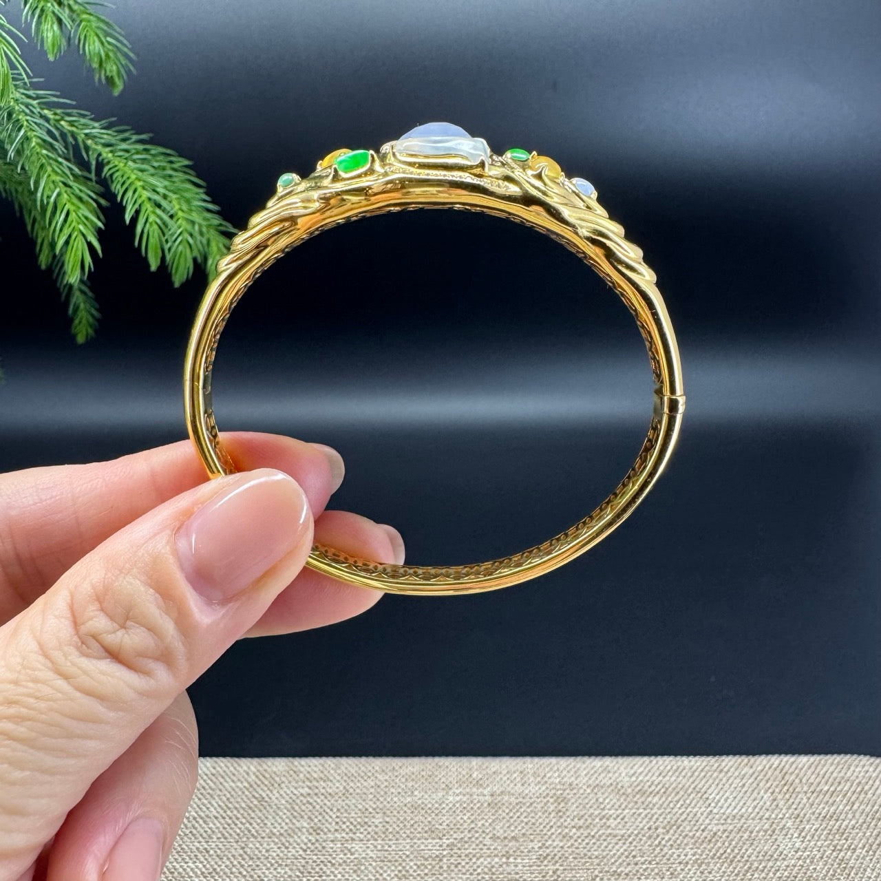 RealJade Luxury 18K Yellow Gold Genuine Multicolor Jadeite Jade Bracelet With Diamonds