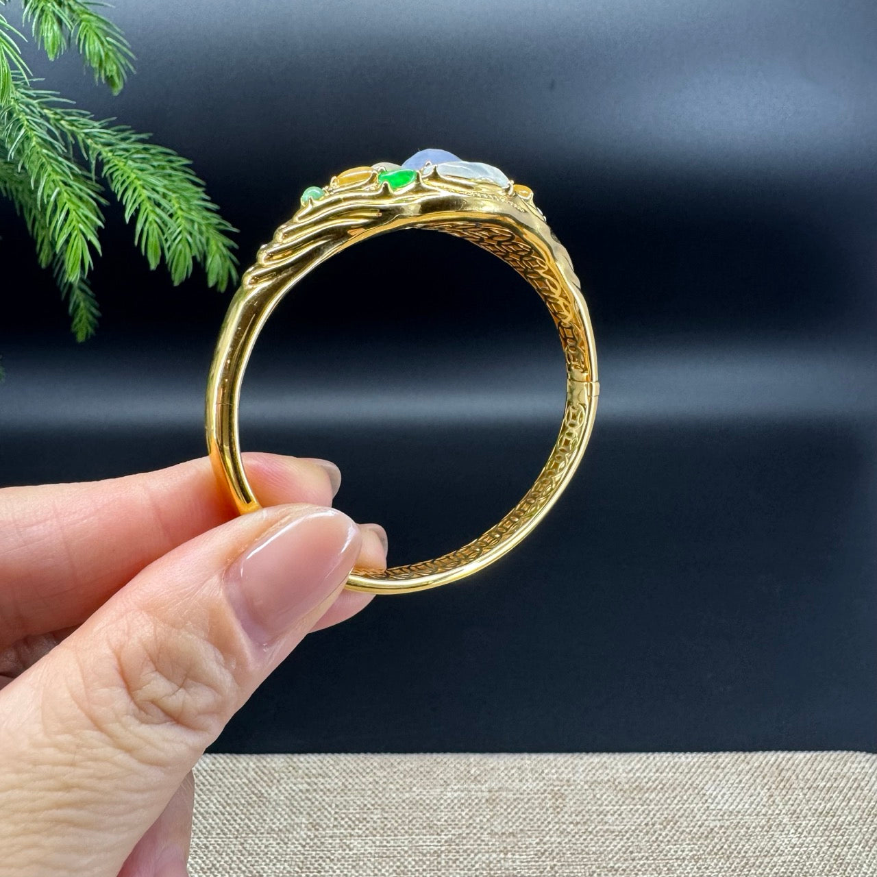 RealJade Luxury 18K Yellow Gold Genuine Multicolor Jadeite Jade Bracelet With Diamonds