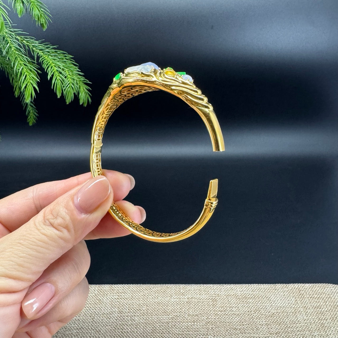 RealJade Luxury 18K Yellow Gold Genuine Multicolor Jadeite Jade Bracelet With Diamonds