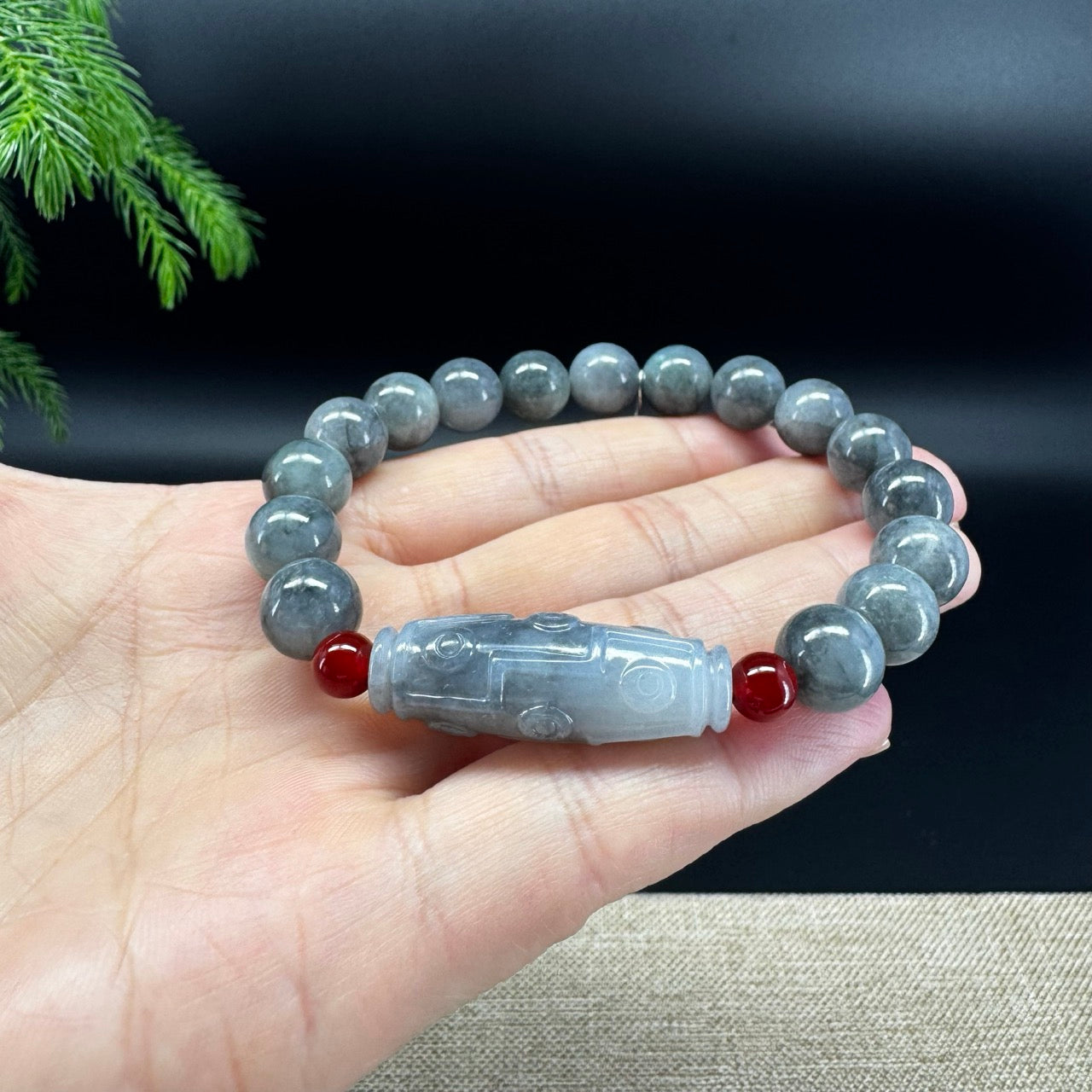 RealJade® Co. Genuine Jadeite Jade Round Wuji Dzi Beads Bracelet (10mm)