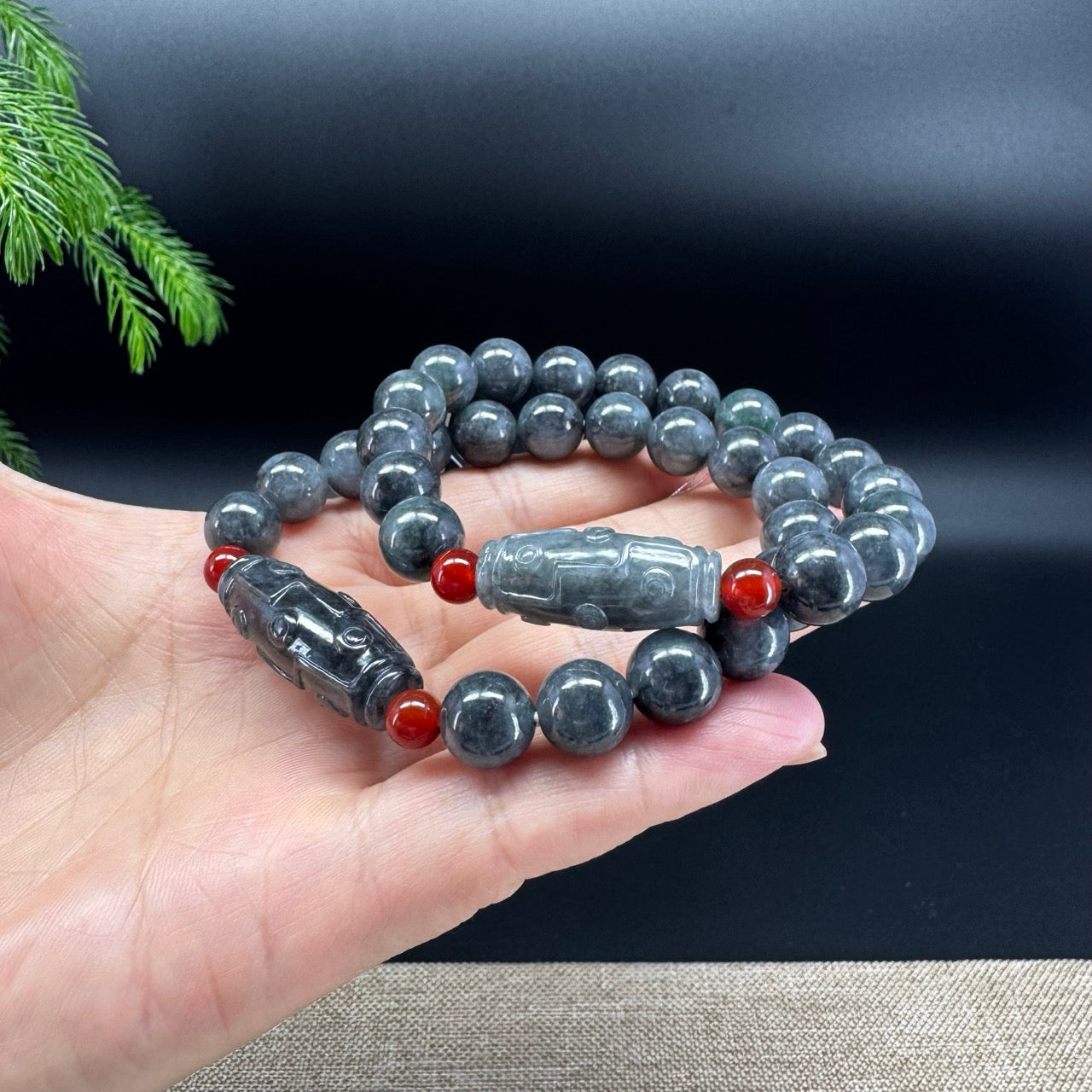 RealJade® Co. Genuine Jadeite Jade Round Wuji Dzi Beads Bracelet (10mm)