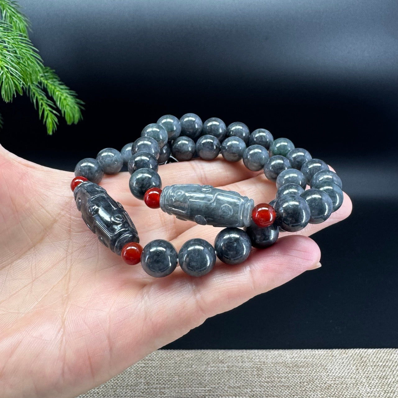 RealJade® Co. Genuine Jadeite Jade Round Wuji Dzi Beads Bracelet (10mm)