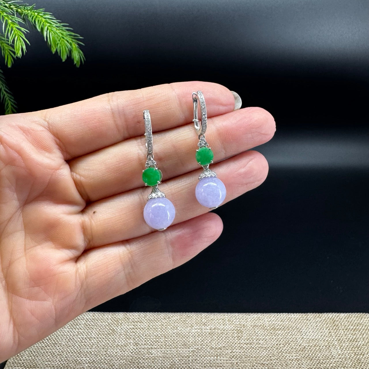 18k White Gold Genuine Lavender Bead Jadeite Jade Diamonds Earrings