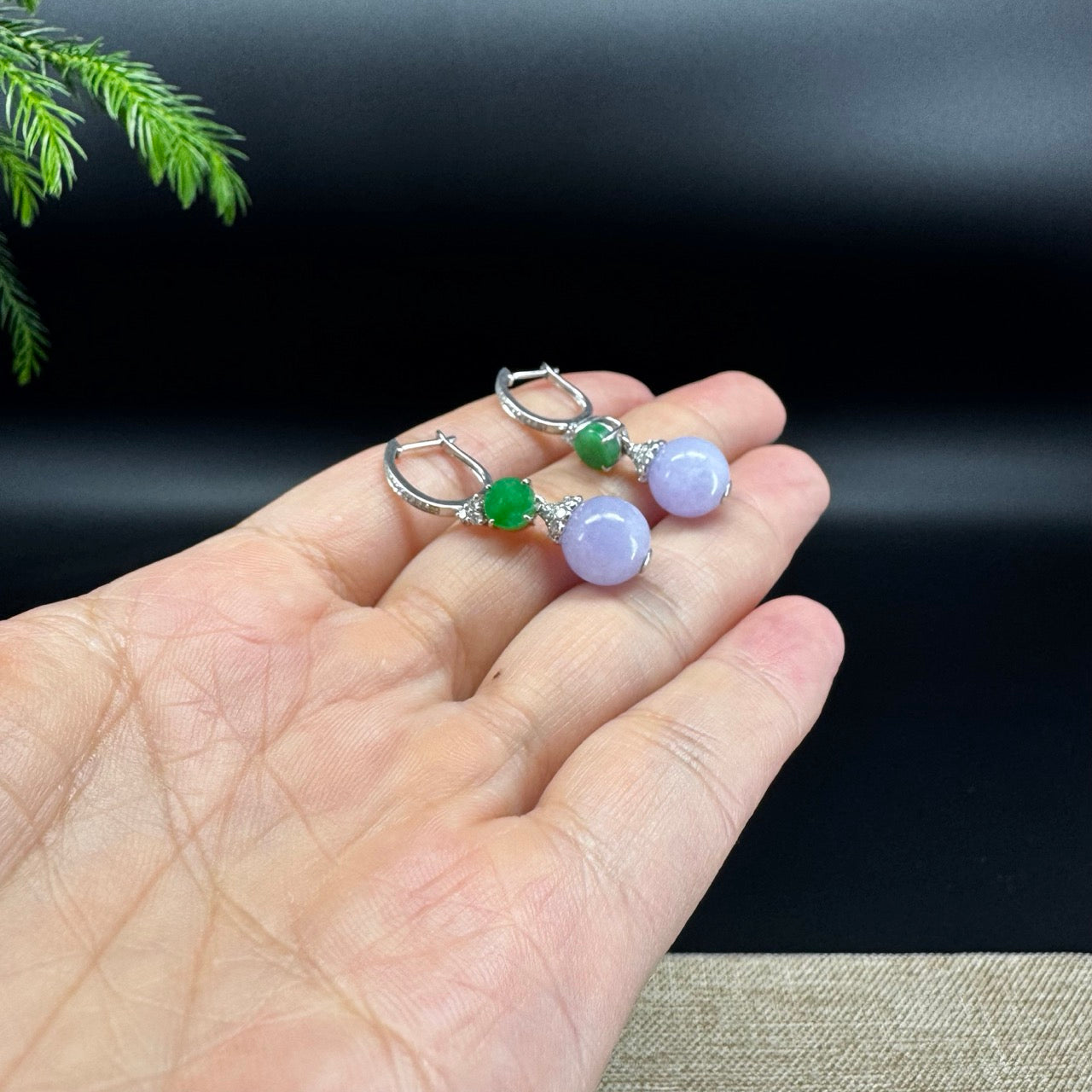 18k White Gold Genuine Lavender Bead Jadeite Jade Diamonds Earrings