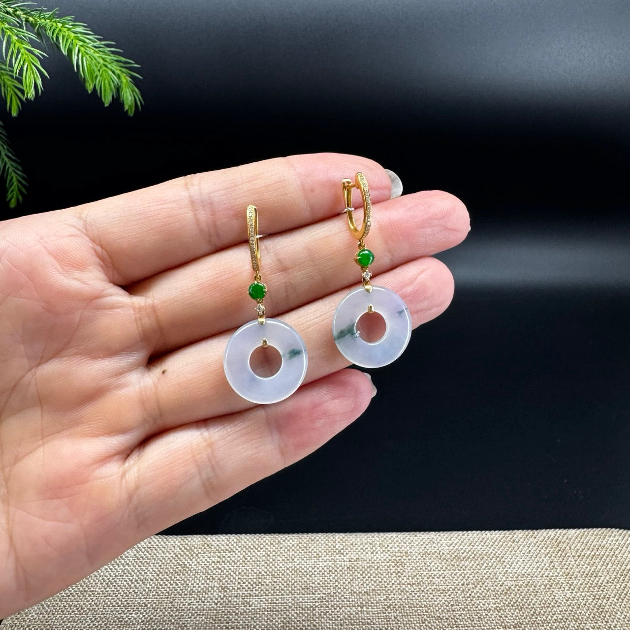 18k Yellow Gold Genuine Icy Lavender Green  KouKou Jadeite Jade Earrings With Diamonds