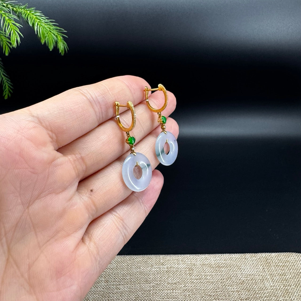 18k Yellow Gold Genuine Icy Lavender Green  KouKou Jadeite Jade Earrings With Diamonds