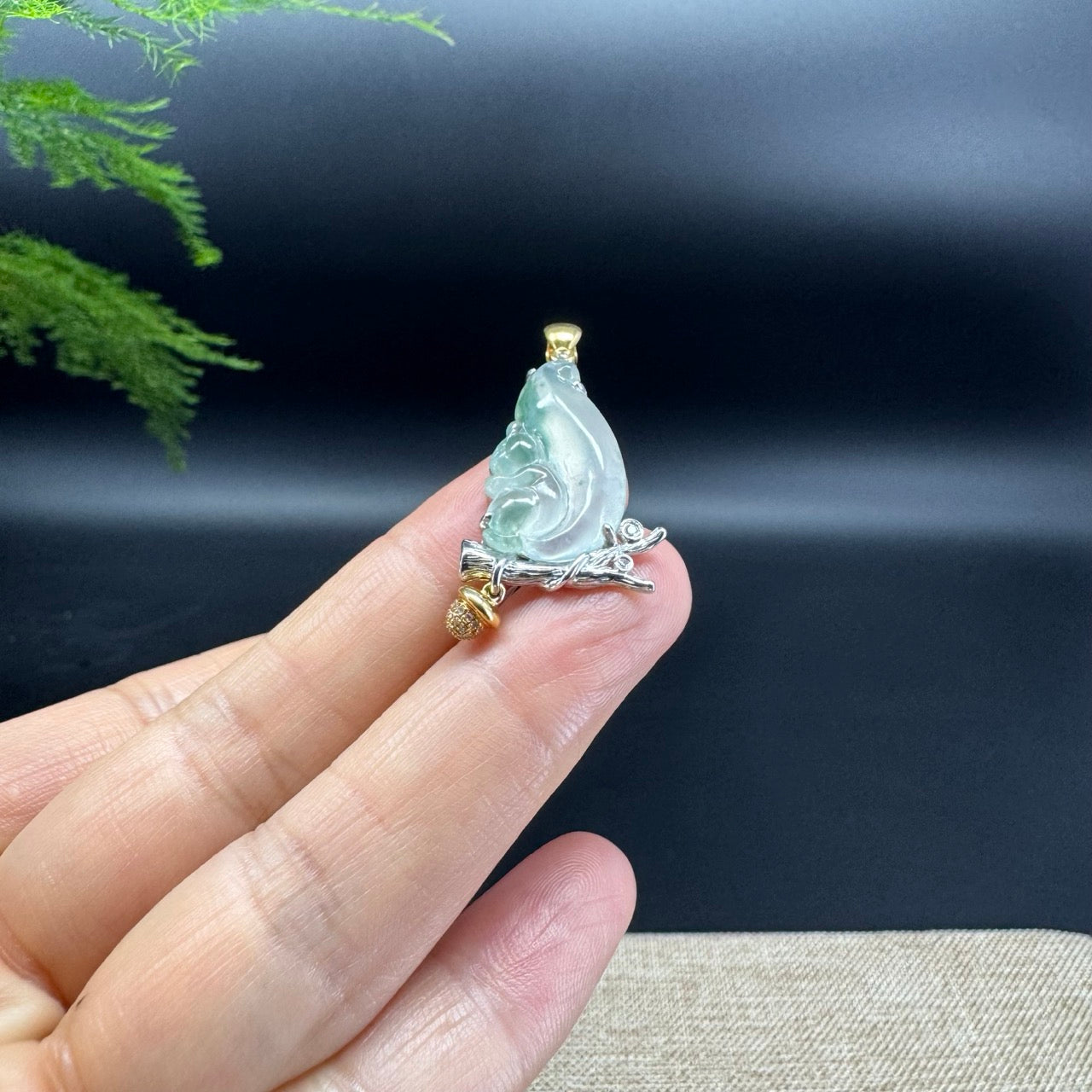 High-end 18K Gold Burmese Icy Green Jadeite Jade Squirrel Pendant with Diamond