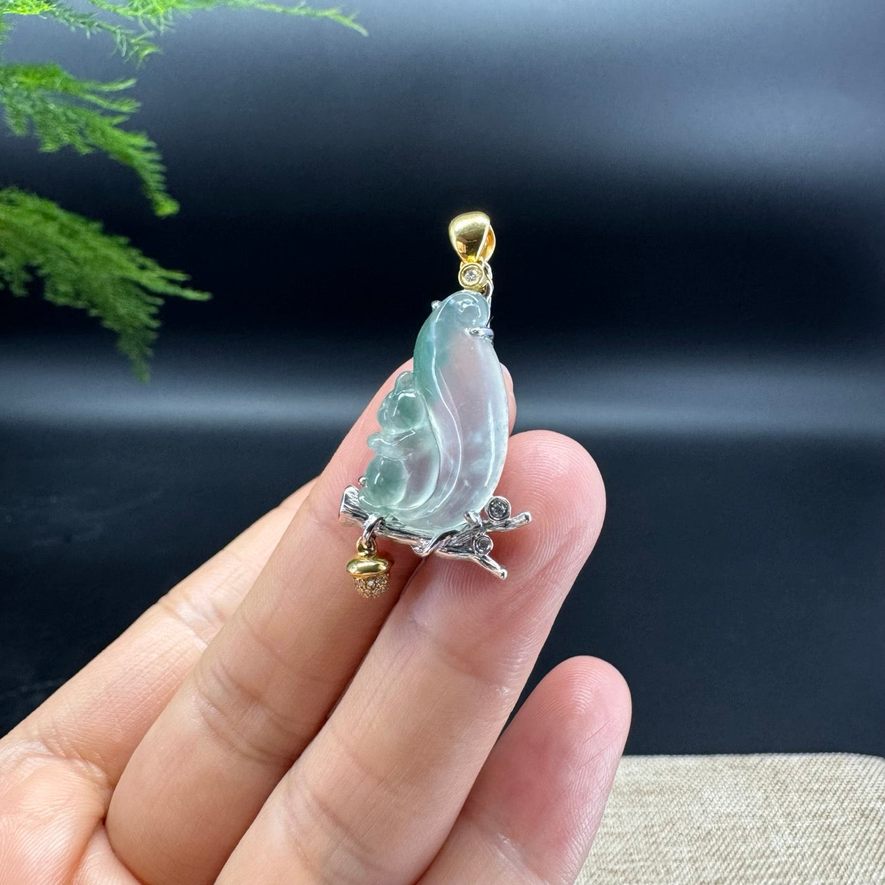 High-end 18K Gold Burmese Icy Green Jadeite Jade Squirrel Pendant with Diamond