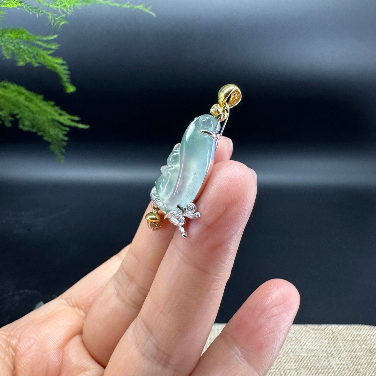 High-end 18K Gold Burmese Icy Green Jadeite Jade Squirrel Pendant with Diamond