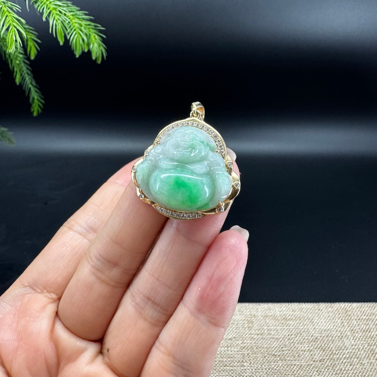 High-end 14K Yellow Gold Burmese White Green Jadeite Jade Happy Buddha Pendant with Diamond