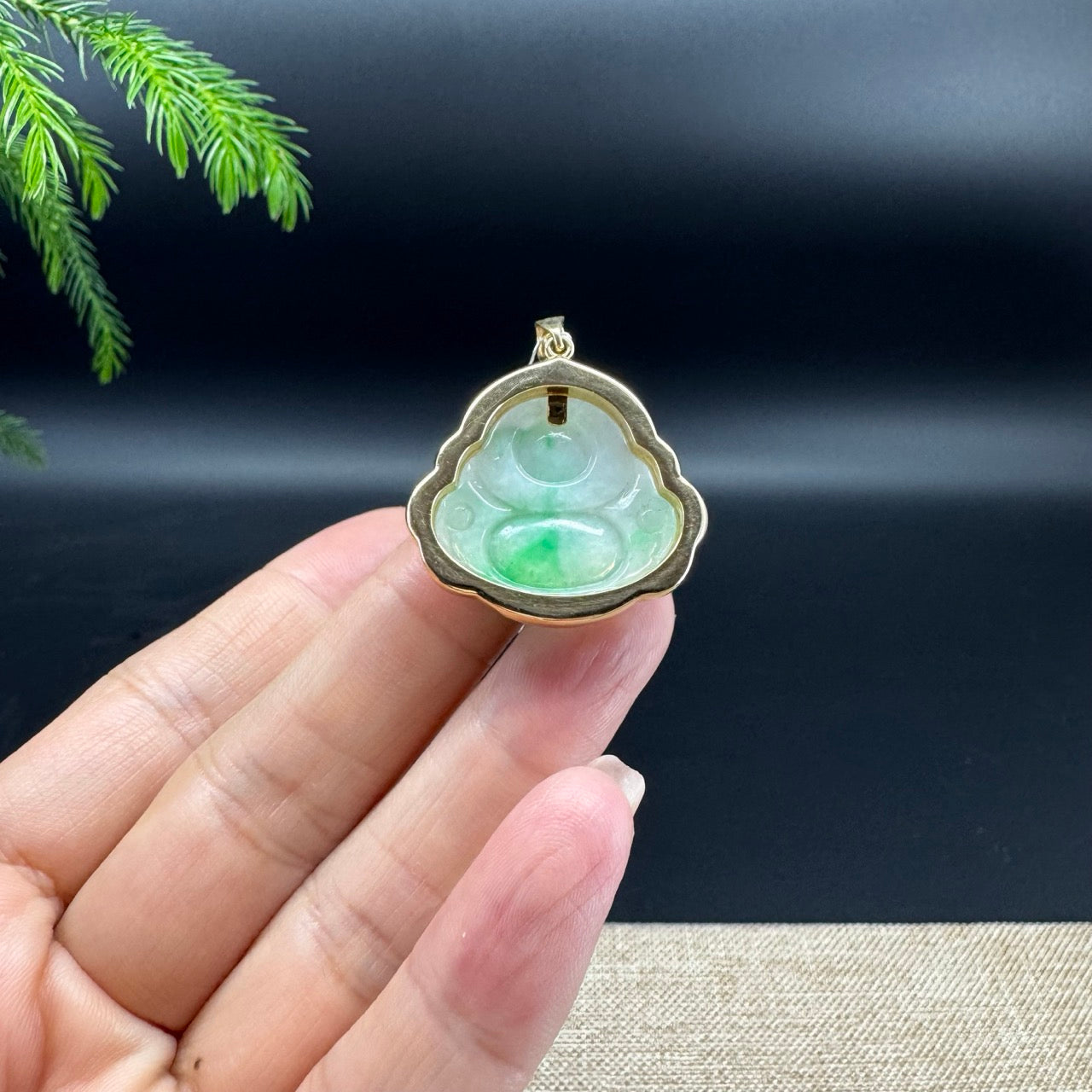 High-end 14K Yellow Gold Burmese White Green Jadeite Jade Happy Buddha Pendant with Diamond