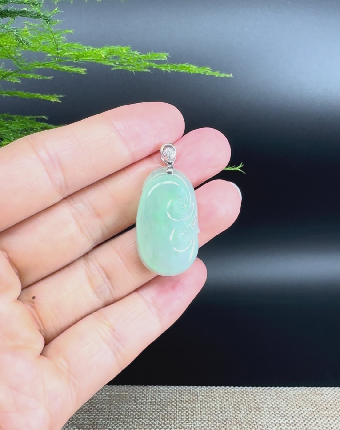 Load and play video in Gallery viewer, RealJade® Co. Genuine Icy Green Jadeite Jade Good Luck RuYi Necklace With 18K  White Gold Bail
