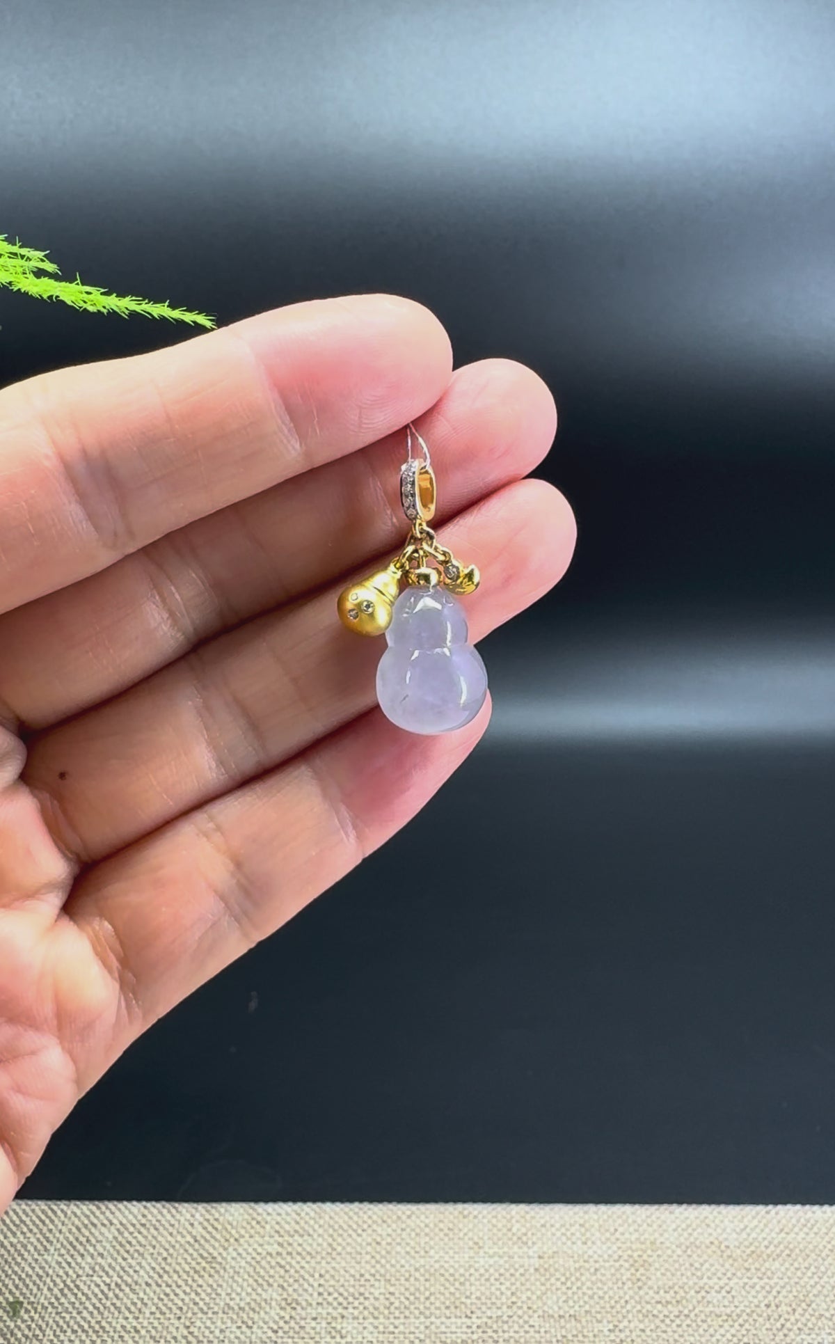 RealJade® Co. Genuine Icy Lavender Jadeite Jade Good Luck Hulu Necklace With 18K Yellow Gold Diamonds Bail