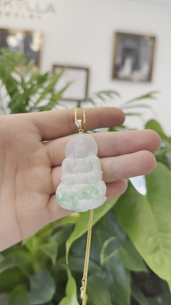 Load and play video in Gallery viewer, Goddess of Compassion&amp;quot; 14k Yellow Gold Genuine Burmese Jadeite Jade Guanyin Necklace With Good Luck Design
