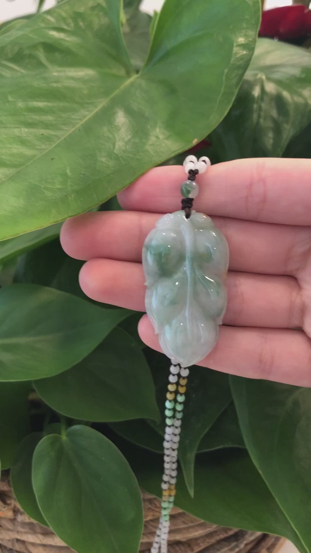 Load and play video in Gallery viewer, Genuine Ice Blue-Green Jadeite Jade &amp;quot;Good Fortune Leaf&amp;quot; Pendant Necklace With Real Jadeite Bead Necklace
