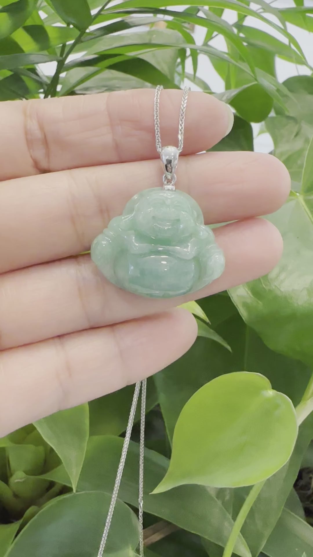 Load and play video in Gallery viewer, RealJade® &amp;quot;Laughing Buddha&amp;quot; Genuine Vibrant Green Jadeite Buddha Pendant Necklace With 14k White Gold Bail
