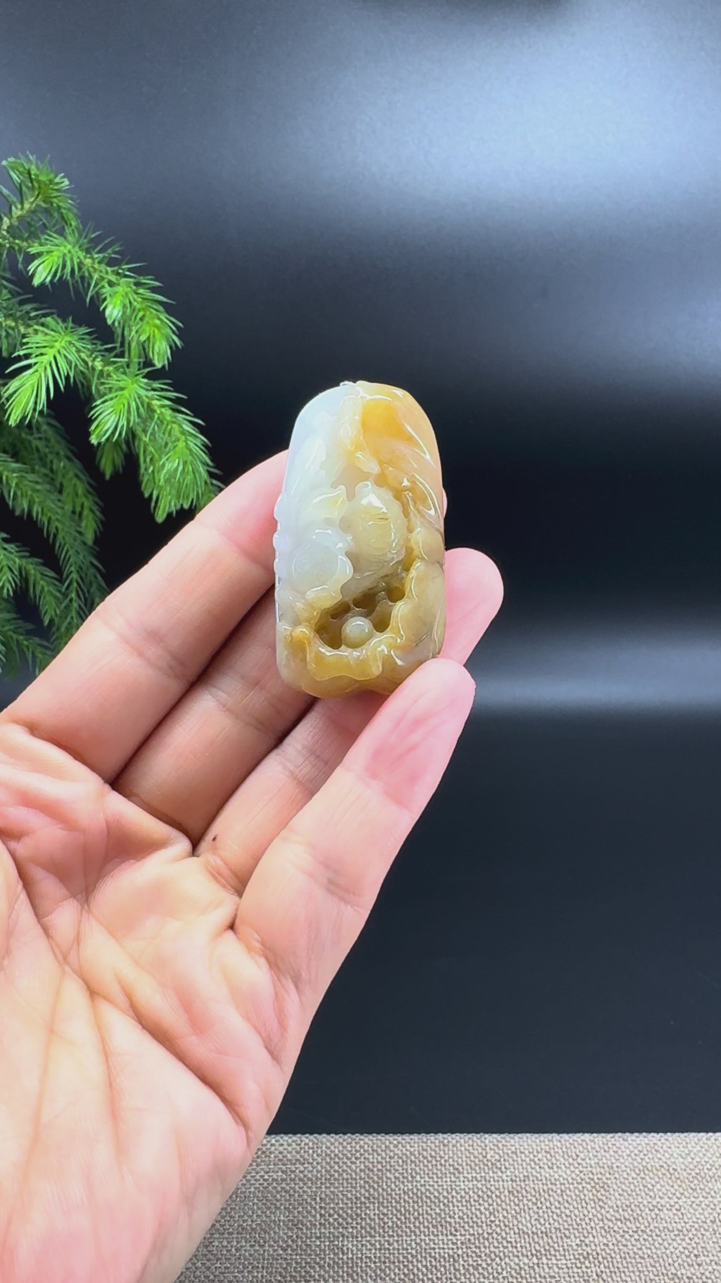 RealJade® Co.Natural White Yellow Jadeite Jade Fish & Lotus Pendant