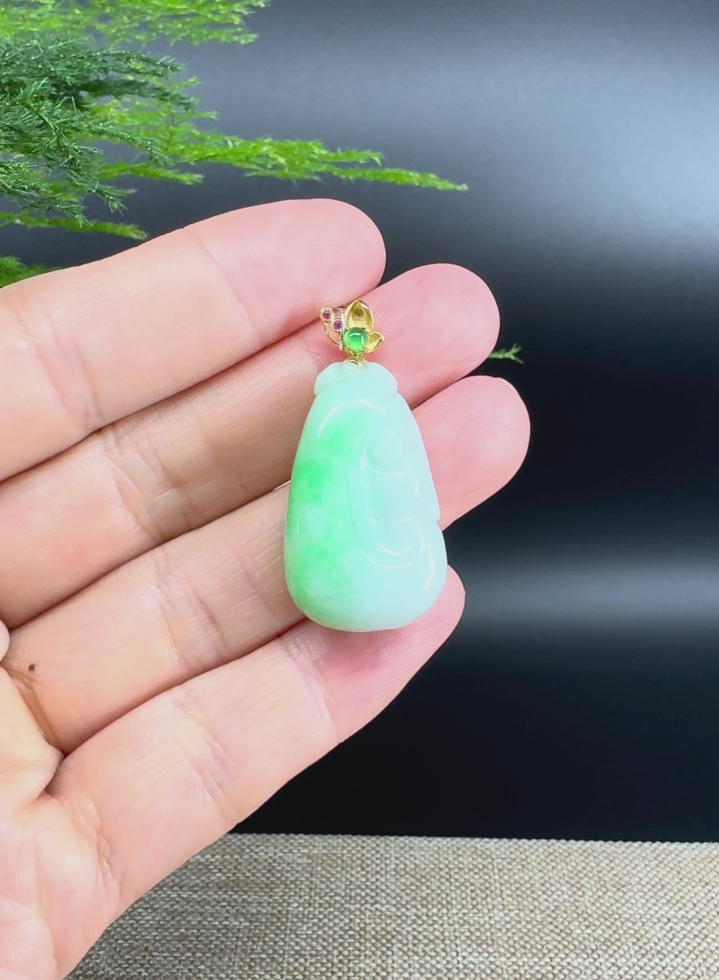 RealJade® Co. Genuine White Green Jadeite Jade Good Luck RuYi Necklace With 18K Yellow Gold Bail