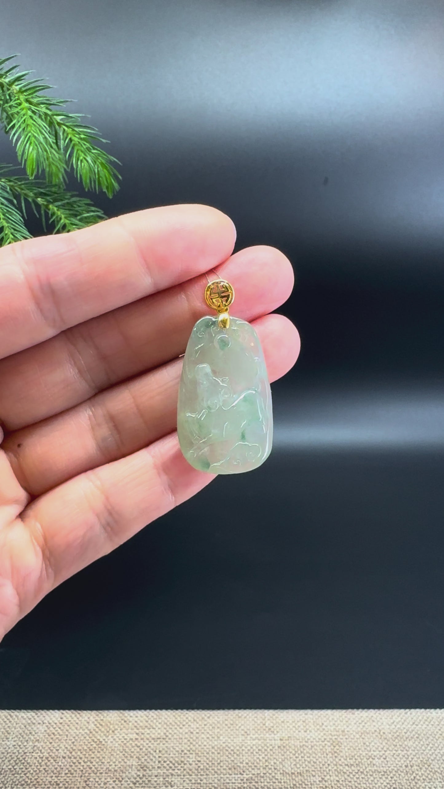 RealJade® co.: 18k Yellow Gold Natural Icy Green Jadeite Jade Ox Pendant Necklace