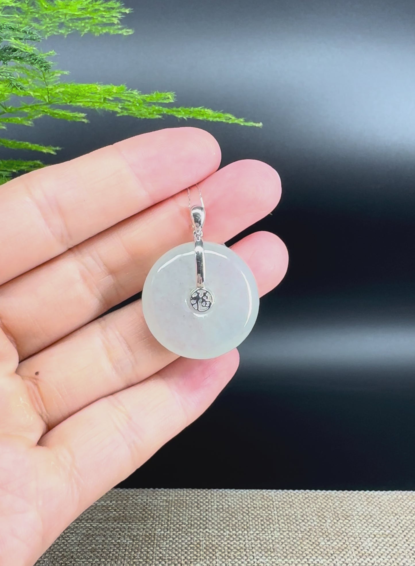"Good Luck Button" Icy Jadeite Jade Lucky KouKou Pendant With 18K White Gold Bail