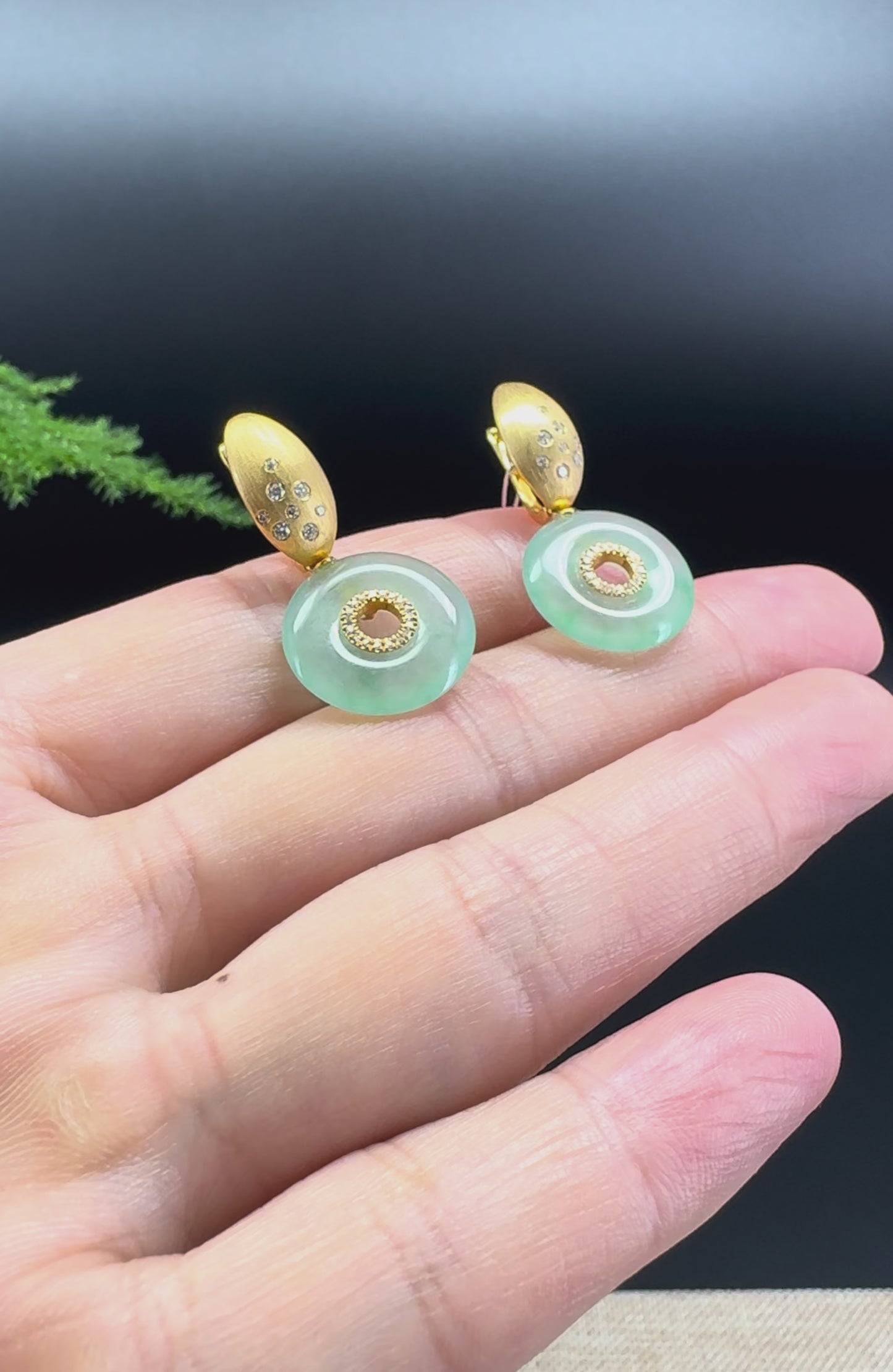 Load and play video in Gallery viewer, 18k Yellow Gold Genuine Icy Green KouKou Jadeite Jade Diamonds Earrings
