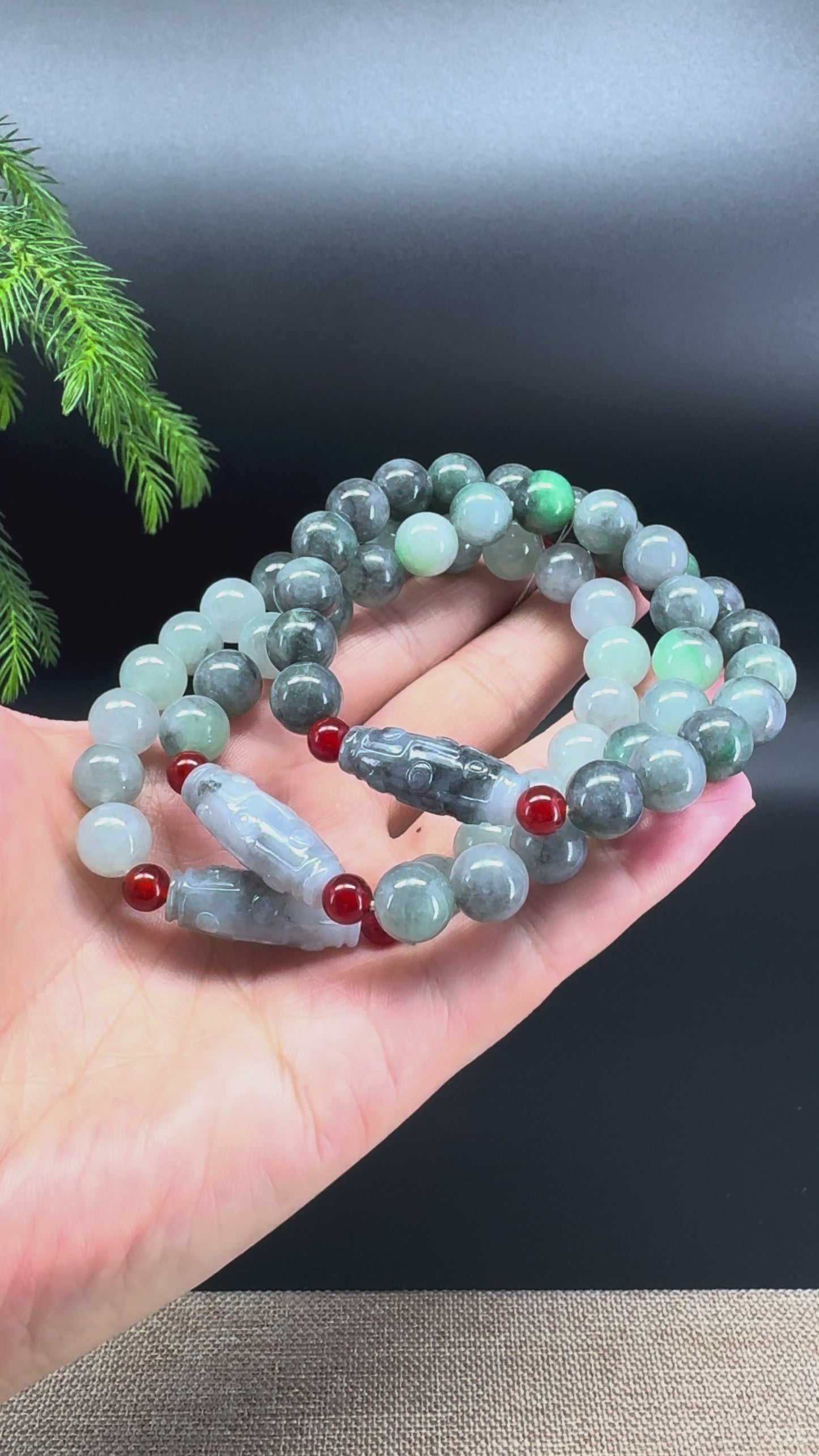 Load and play video in Gallery viewer, RealJade® Co. Genuine Jadeite Jade Green &amp;amp; Wuji Dzi Beads Bracelet (10.2mm)
