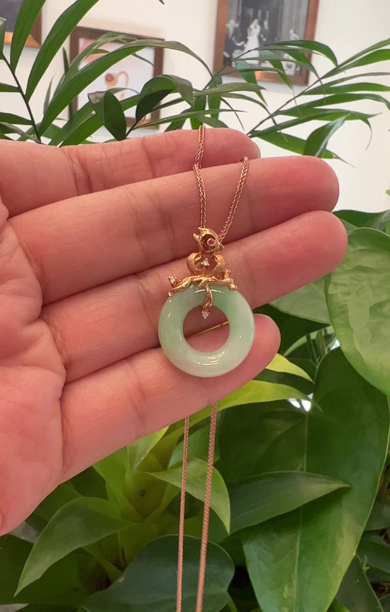 Load and play video in Gallery viewer, RealJade® &amp;quot;Good Luck Birdie&amp;quot; 18k Rose Gold Genuine Burmese Jadeite Lucky Pendant Necklace With AA Tourmaline &amp;amp; Diamonds
