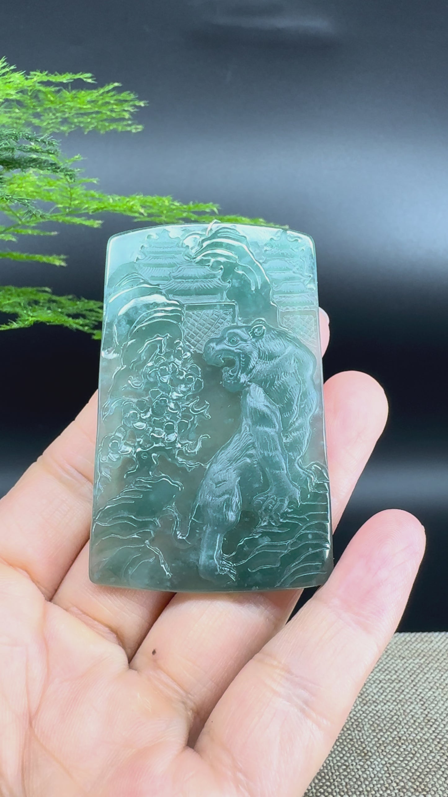 Load and play video in Gallery viewer, RealJade® Co. High Natural Guatemalan Blue Jadeite Jade Tiger Pendant
