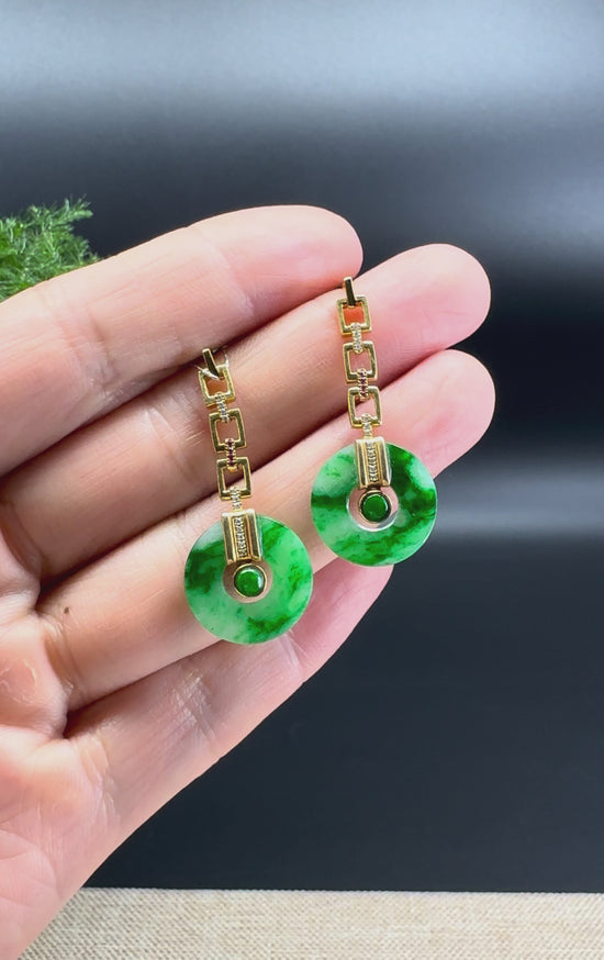 Load and play video in Gallery viewer, 18k Yellow Gold Genuine Spicy Green Jadeite Jade Earrings With Diamonds
