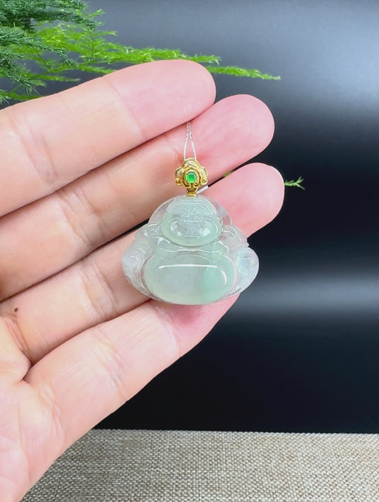Load and play video in Gallery viewer, 18K Yellow Gold Burmese Icy Green Jadeite Jade Happy Buddha Pendant
