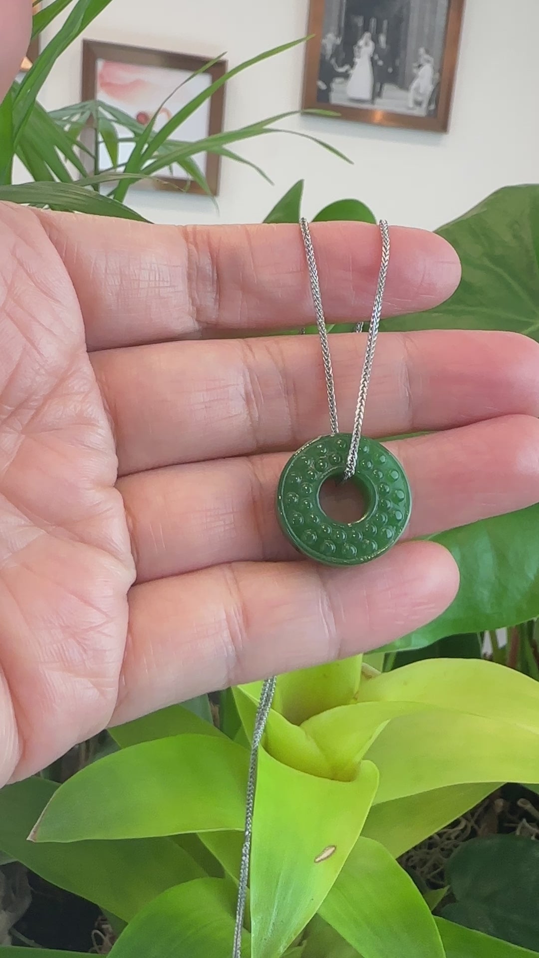 Load and play video in Gallery viewer, RealJade® Co. RealJade® Co. &amp;quot;Good Luck Button&amp;quot; Necklace Green Nephrite Jade Lucky KouKou Donut Pendant Necklace
