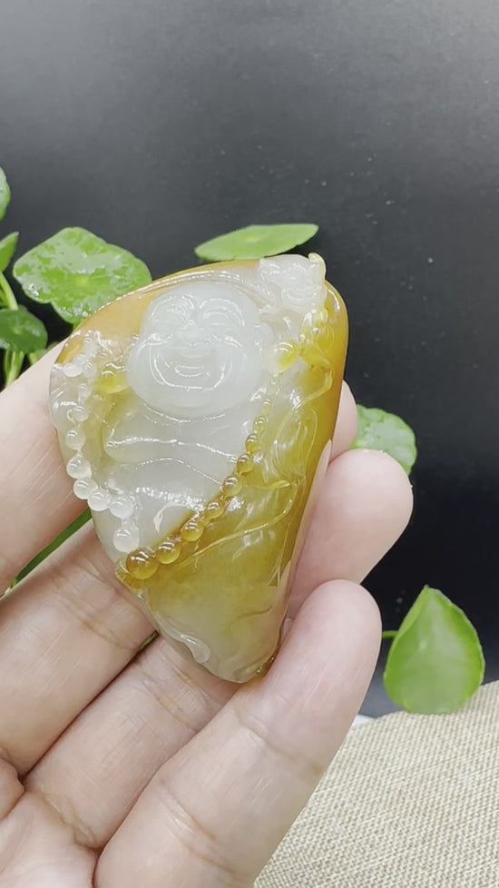 Load and play video in Gallery viewer, High end Genuine Burmese Honey Yellow Jadeite Jade Happy Buddha Pendant Collectibles

