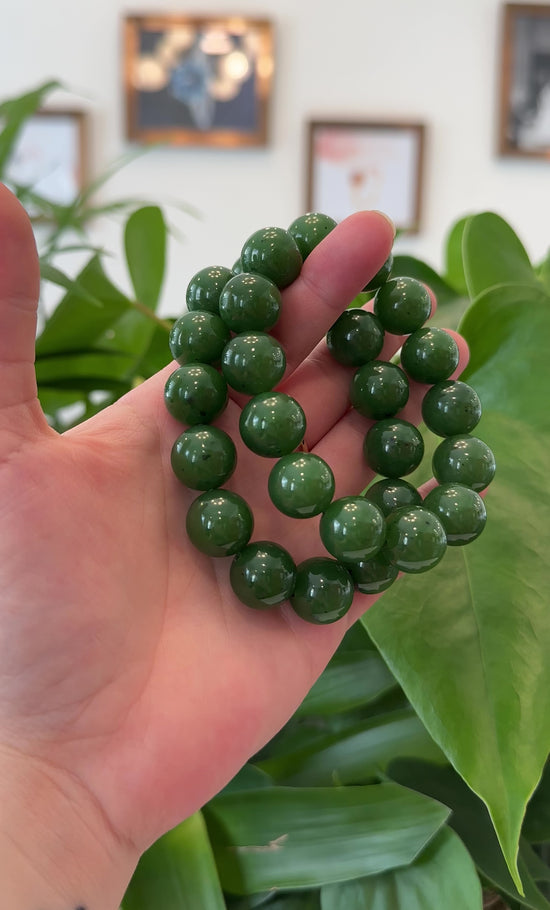 Load and play video in Gallery viewer, High RealJade® Co. Genuine Green Nephrite Jade Large Round Beads Men&amp;#39;s Bracelet( 14.8mm )
