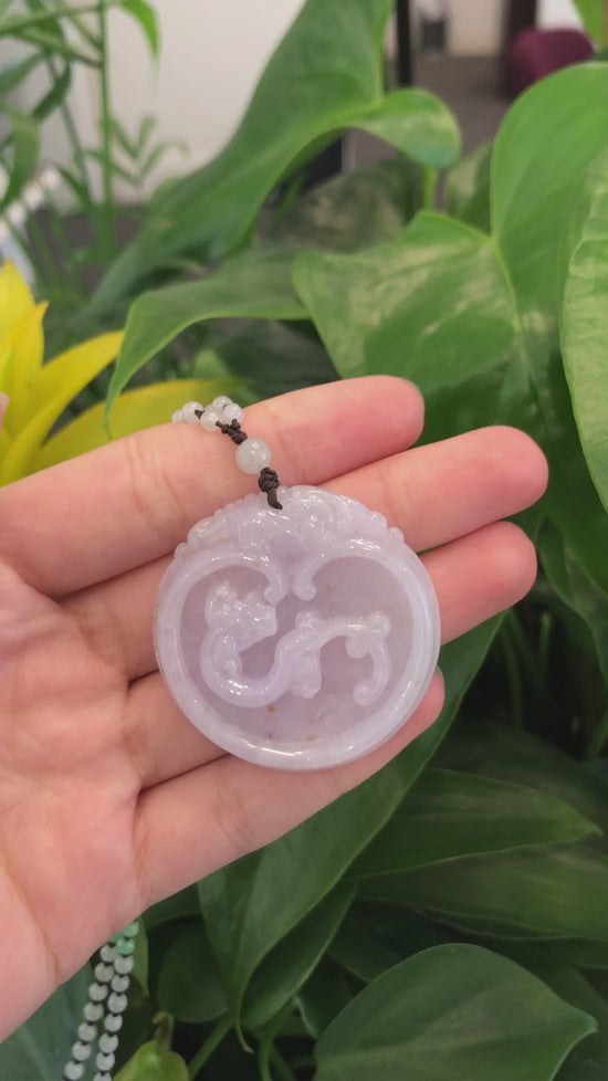 Load and play video in Gallery viewer, Genuine Lavender Jadeite Jade RuYi &amp;amp; Dragon Pendant Necklace With Real Jadeite Jade Beads Necklace
